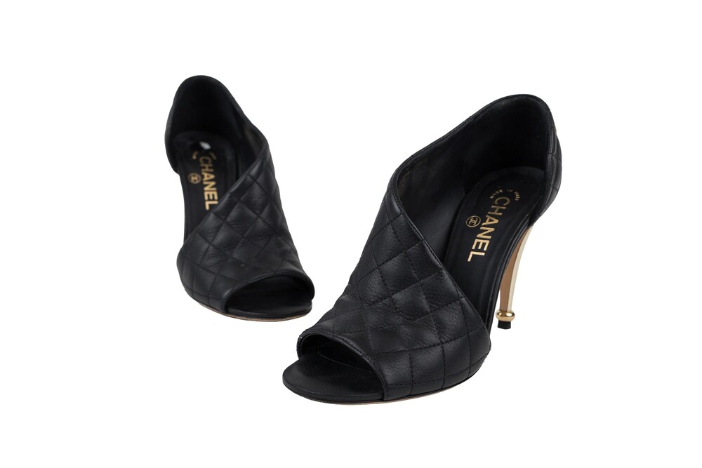 Chanel Black Gold Peep Toe Open Side Heels Quilted Leather Gold Hardware Size 38